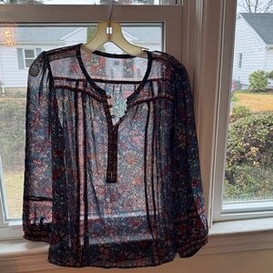 Joie Sheer Navy Floral Peasant Blouse